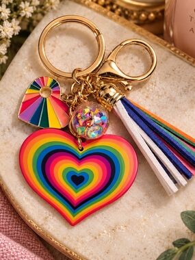 Rainbow Heart Bag Charm / Keychain – Gold Tone Metal & Acrylic New